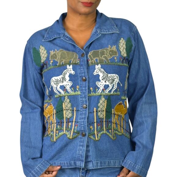 Vintage Denim Shirt Blue Jeans Patchwork Animals Zebra Rhino Button Down Large - Picture 1 of 14